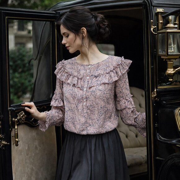 Victorian Tops - Regency Victorian style blouse ~ Ruffles, smocked sleeves, button up Coquette